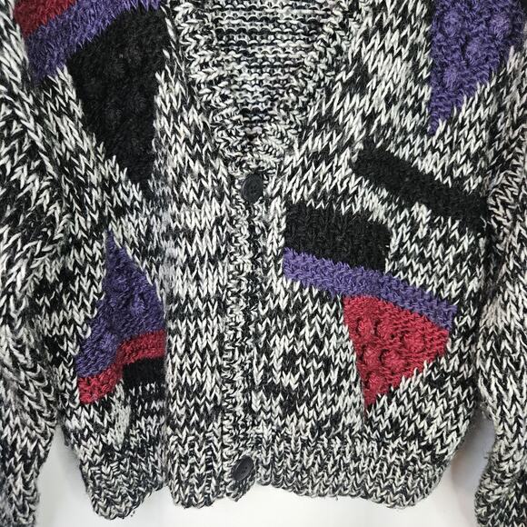 Vtg Handmade 80s Black & Gray Chunky Abstract Cardigan Sweater Women's Large - Picture 3 of 9